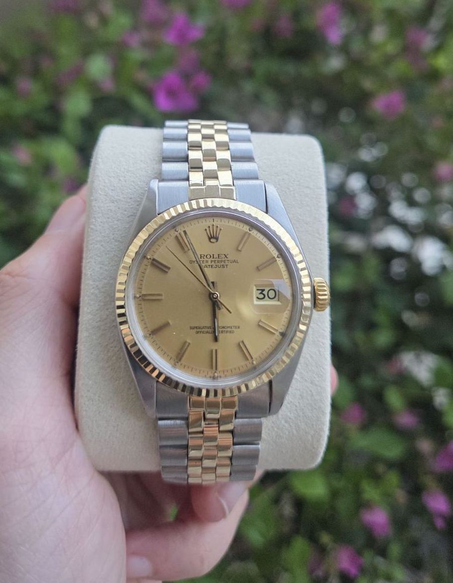 Rolex Datejust 36mm Two tone Rare Pie Pan Gold Dial Ref 1601