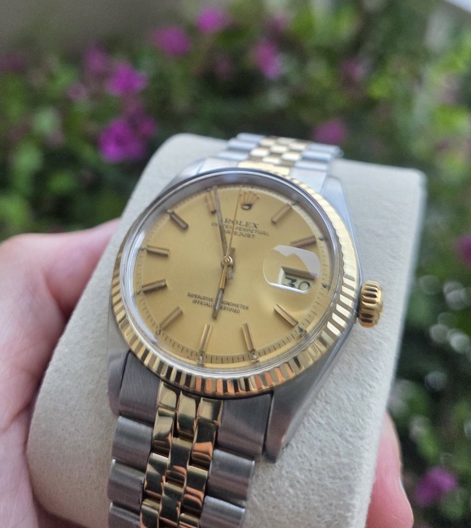 Rolex Datejust 36mm Two tone Rare Pie Pan Gold Dial Ref 1601