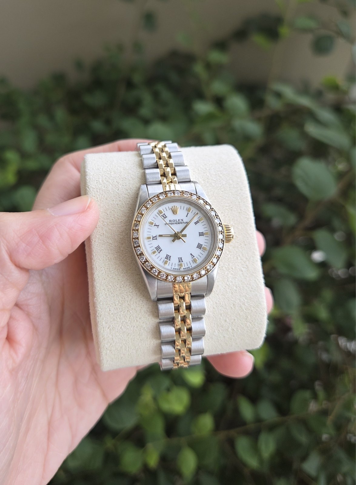 Rolex Lady Oyster Perpetual 24mm Two tone Iced Bezel Ref 67193