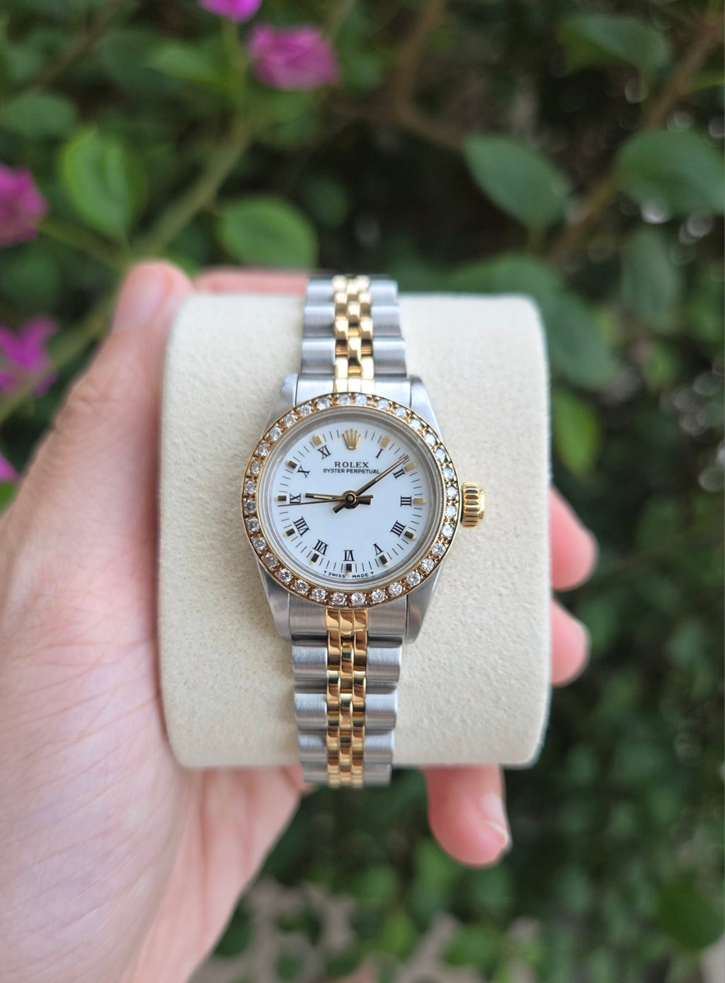 Rolex Lady Oyster Perpetual 24mm Two tone Iced Bezel Ref 67193