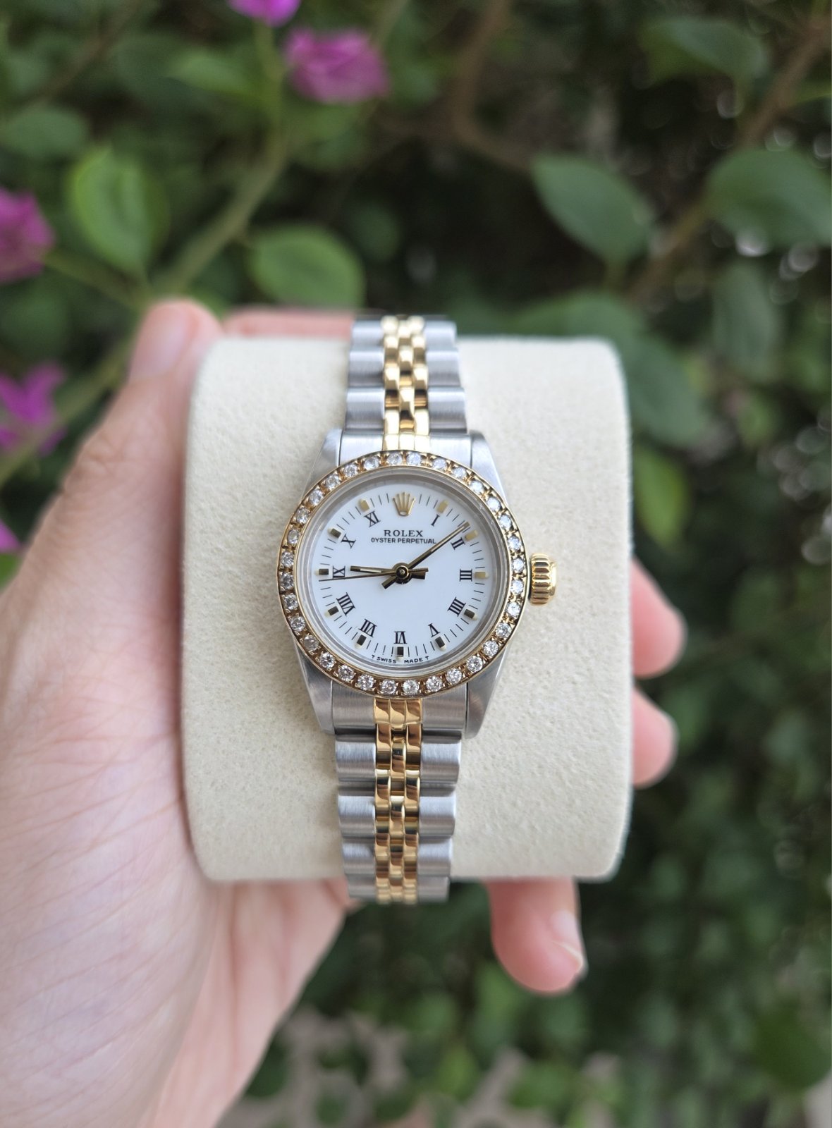 Rolex Lady Oyster Perpetual 24mm Two tone Iced Bezel Ref 67193