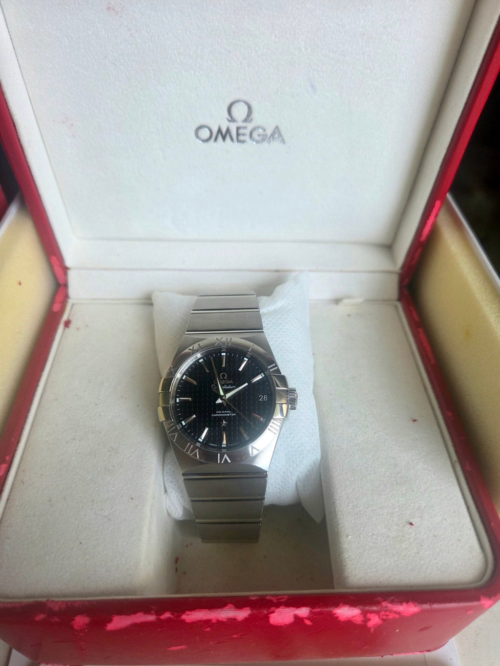 Omega Constellation Automatic Co-Axial 38mm Black Grid Dial Full Set