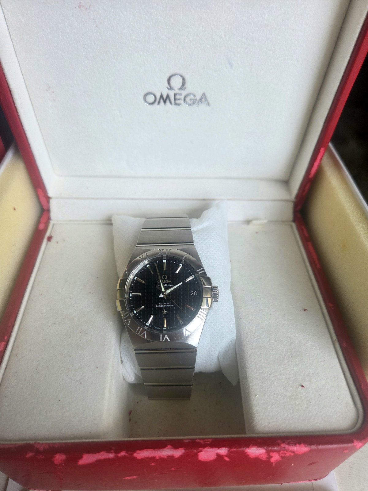 Omega Constellation Automatic Co-Axial 38mm Black Grid Dial Full Set