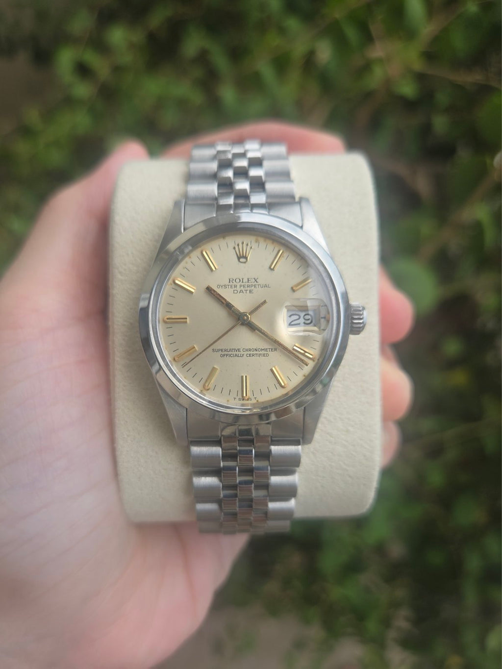 Rolex Date 34mm White Silver Dial with Gold Indices Ref 15000