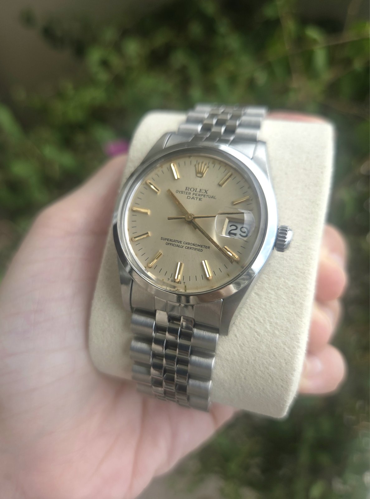 Rolex Date 34mm White Silver Dial with Gold Indices Ref 15000