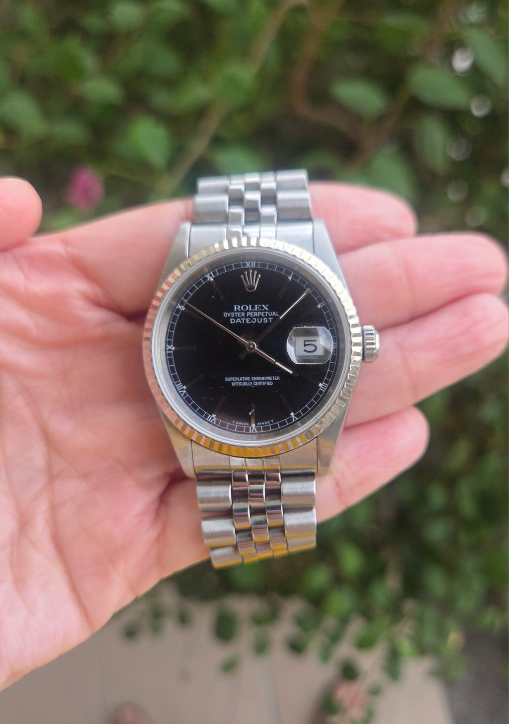 Rolex Datejust 36mm Black Dial White Gold Fluted Bezel Ref 16234