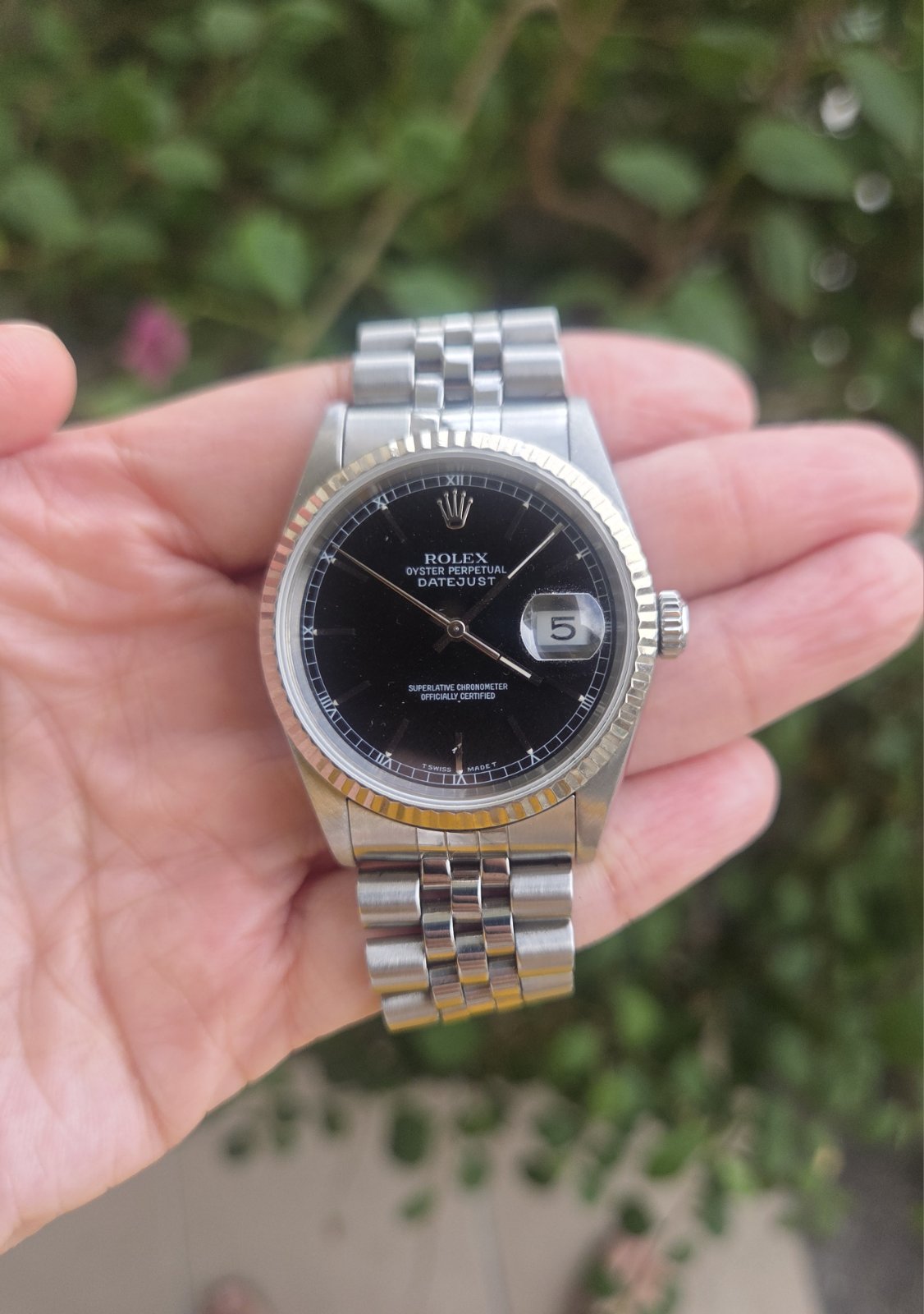 Rolex Datejust 36mm Black Dial White Gold Fluted Bezel Ref 16234