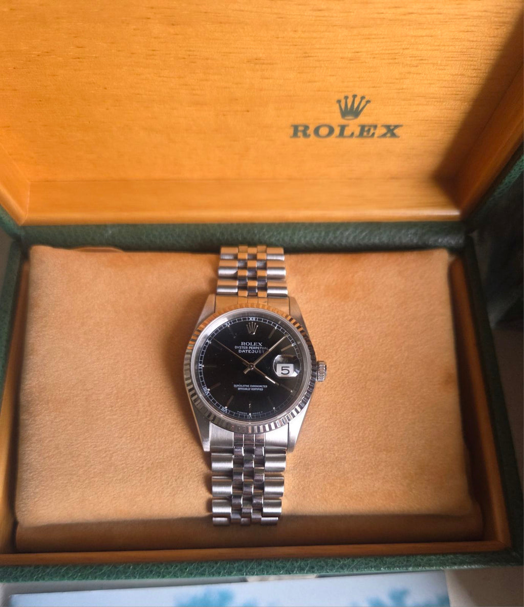 Rolex Datejust 36mm Black Dial White Gold Fluted Bezel Ref 16234