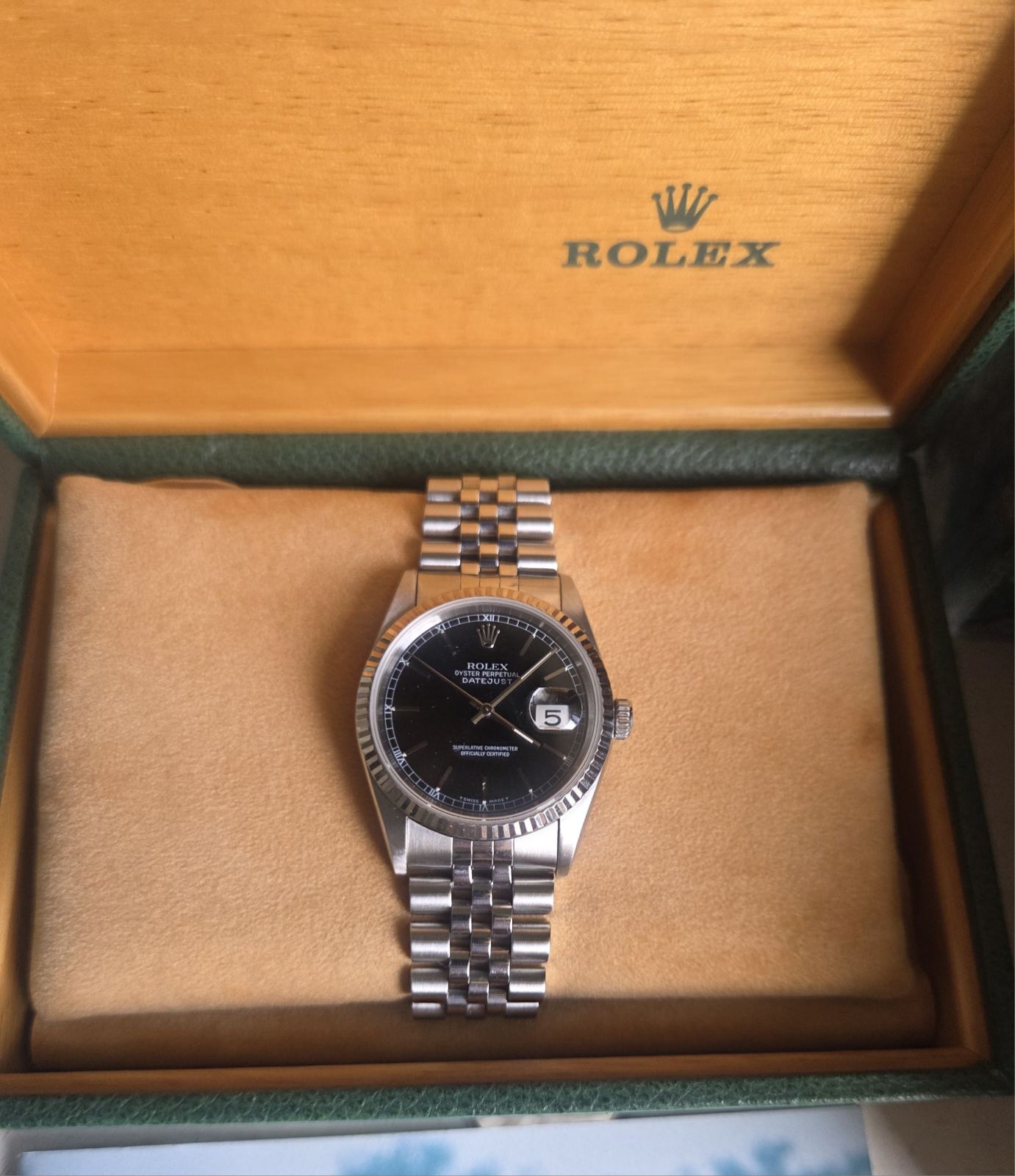Rolex Datejust 36mm Black Dial White Gold Fluted Bezel Ref 16234
