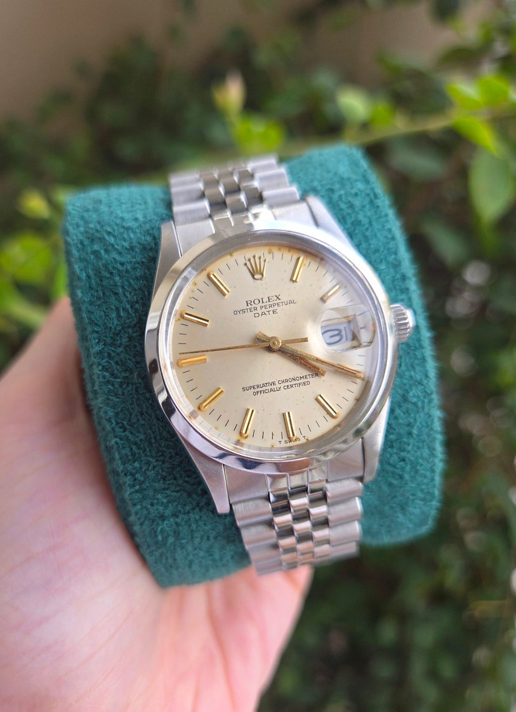 Rolex Date 34mm White Silver Dial with Gold Indices Ref 15000