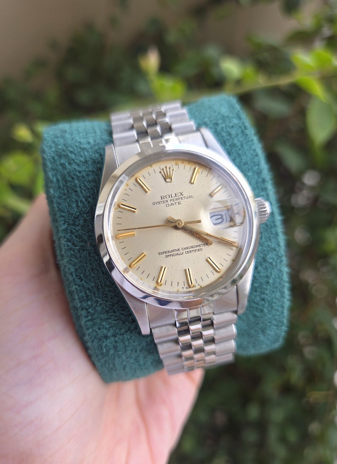 Rolex Date 34mm White Silver Dial with Gold Indices Ref 15000